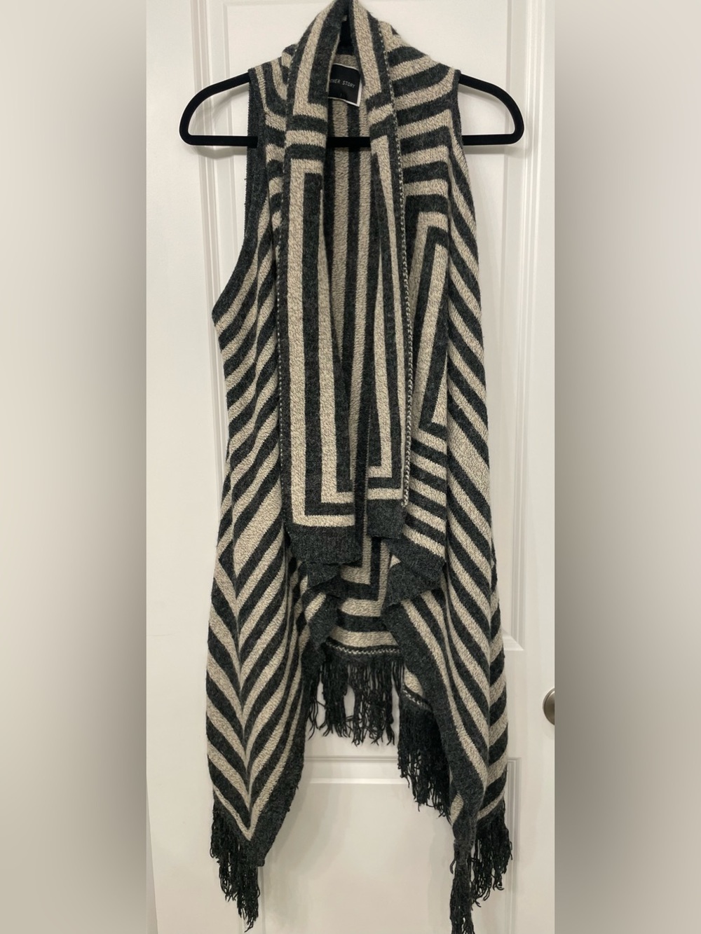 Women's Striped Fringe Sweater Poncho Vest - Black & Cream